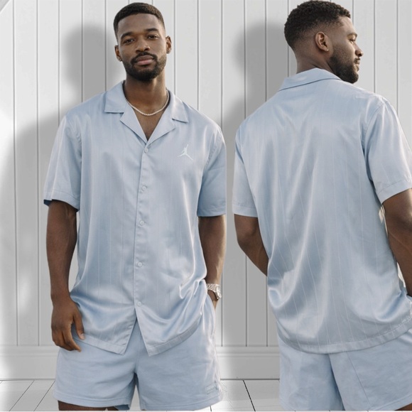 Jordan Other - Nike Air Jordan Sky Blue Satin Button-Up Shirt – Men’s L Loose Fit Cuban Collar